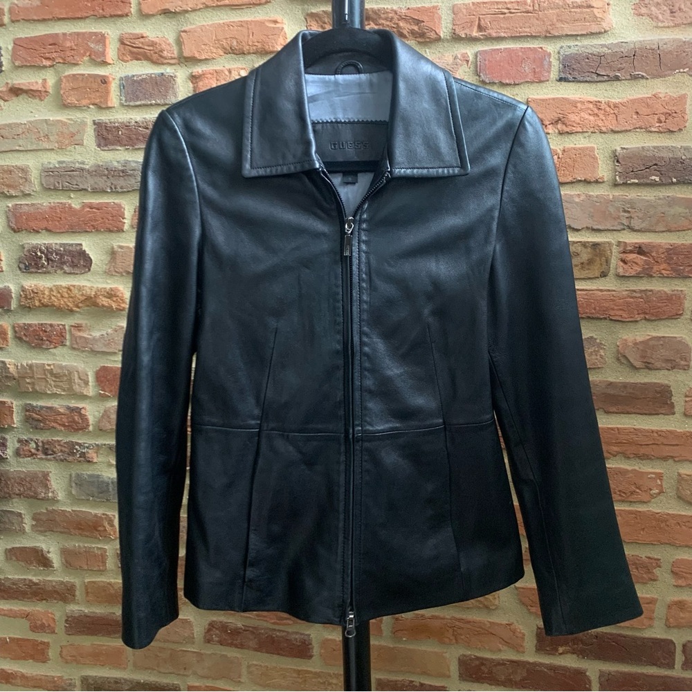 Guess Y2K Black Genuine Leather Blazer Jacket